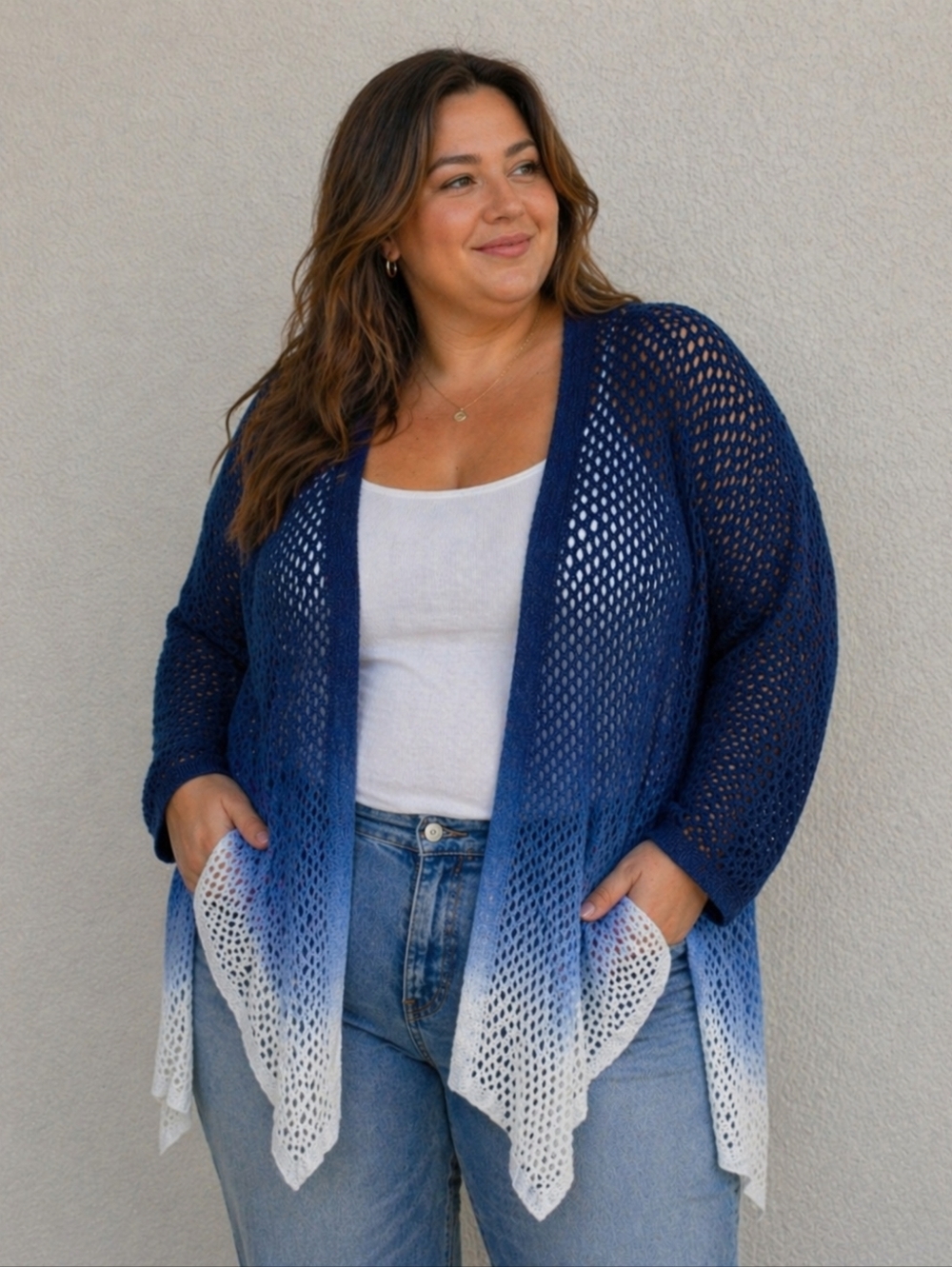 Chico's Blue-to-White Open-Weave Ombre Cardigan, Size XXL